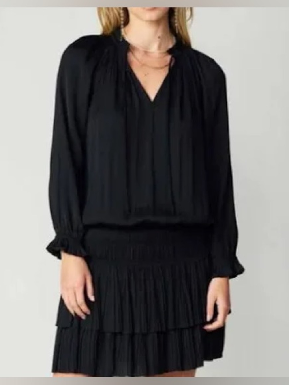 Current Air Long Sleeve Black Gather Shoulders Tie Neck Dress